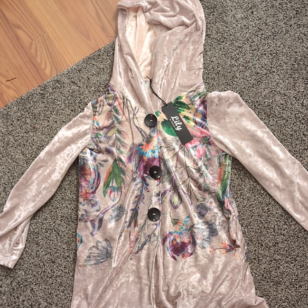 Lily Blush Velvet Hooded Cardigan with Feather Design